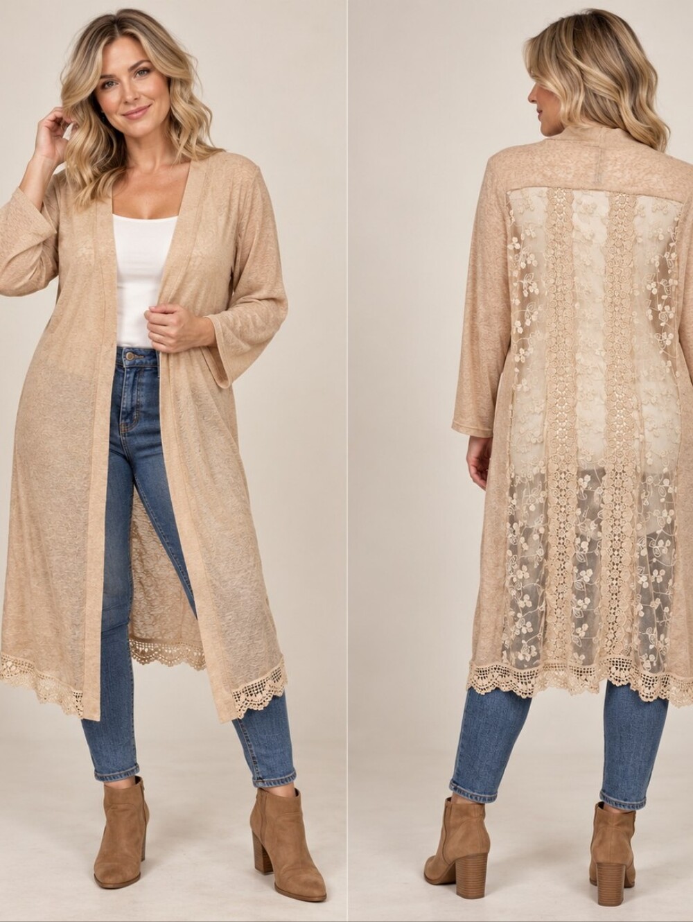R n B Boutique Lace Cardigan Tan Beige Size XL Trendy Long